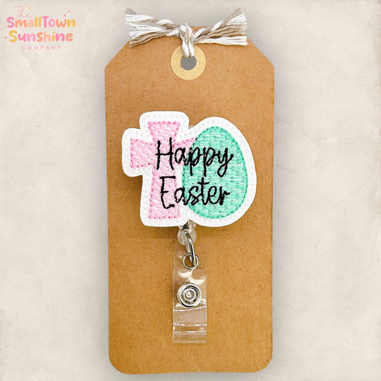 Cross & Egg Retractable Badge Reel: Happy Easter ID Holder, Name Tag, Topper, Coworker Gift, Lanyard, MRI Safe, Heavy Duty Option | GLITTER