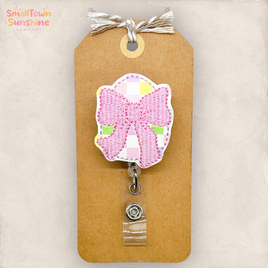 Egg with Bow Retractable Badge Reel: Easter ID Holder, Name Tag, Swappable Topper, Coworker Gift, Lanyard, MRI Safe, Heavy Duty Options