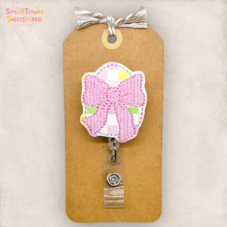 Egg with Bow Retractable Badge Reel: Easter ID Holder, Name Tag, Swappable Topper, Coworker Gift, Lanyard, MRI Safe, Heavy Duty Options