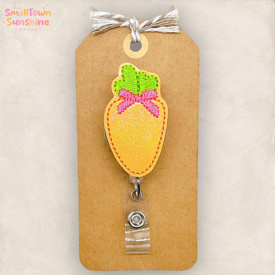Carrot with Bow Retractable Badge Reel: Spring ID Holder, Name Tag, Swappable Topper, Coworker Gift, Lanyard, MRI Safe, Heavy Duty Options