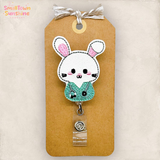 White Rabbit Nurse Retractable Badge Reel: Easter ID Holder, Name Tag, Topper, Coworker Gift, Lanyard, MRI Safe, Heavy Duty Option | GLITTER