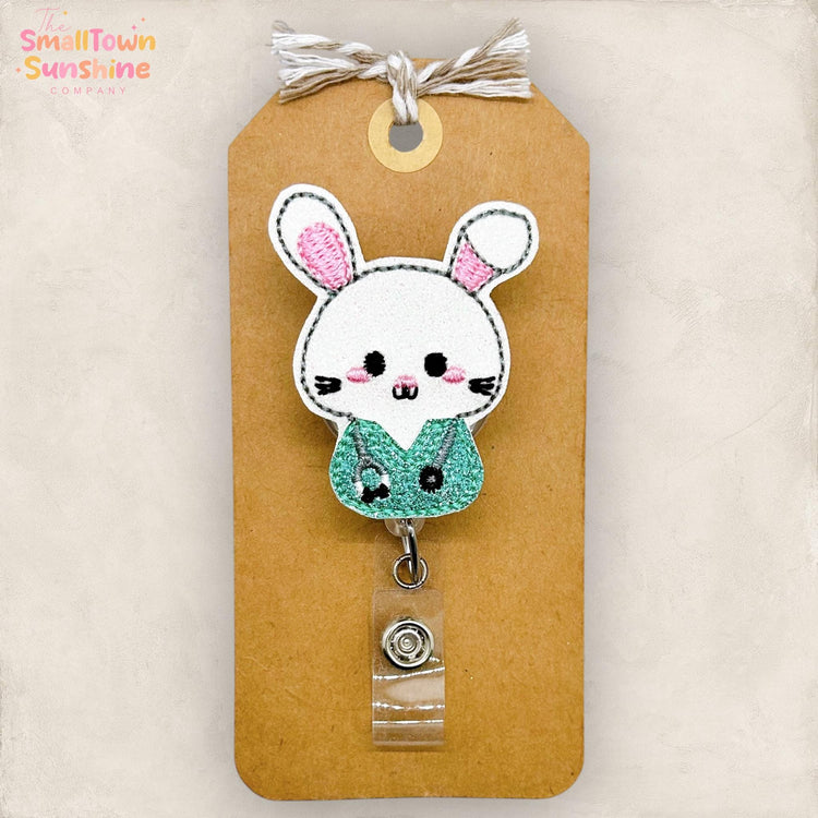 White Rabbit Nurse Retractable Badge Reel: Easter ID Holder, Name Tag, Topper, Coworker Gift, Lanyard, MRI Safe, Heavy Duty Option | GLITTER