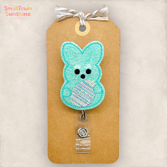 Bunny with Egg Retractable Badge Reel: Easter ID Holder, Name Tag, Topper, Coworker Gift, Lanyard, MRI Safe, Heavy Duty Option | GLITTER