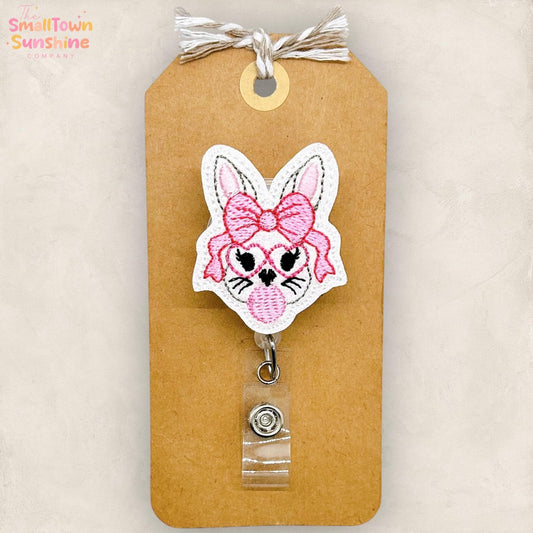 Bubblegum Bunny Retractable Badge Reel: Easter ID Holder, Name Tag, Topper, Coworker Gift, Lanyard, MRI Safe, Heavy Duty Option | GLITTER