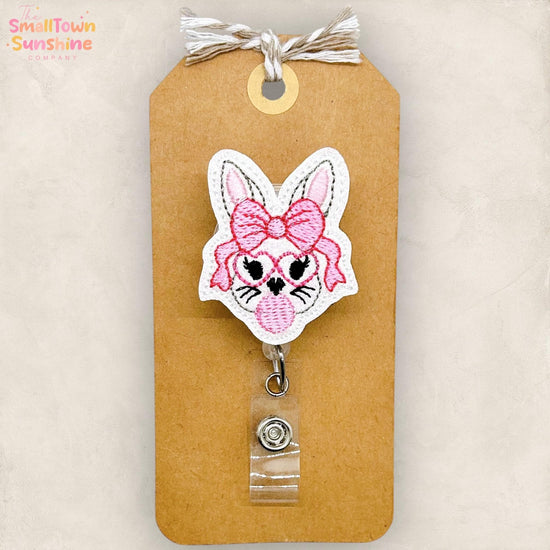 Bubblegum Bunny Retractable Badge Reel: Easter ID Holder, Name Tag, Topper, Coworker Gift, Lanyard, MRI Safe, Heavy Duty Option | GLITTER