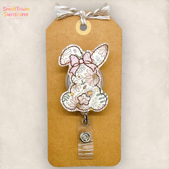 Floral Bunny with Bow Retractable Badge Reel: Easter ID Holder, Name Tag, Topper, Coworker Gift, Lanyard, MRI Safe, Heavy Duty Options