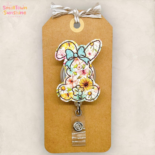 Floral Bunny with Bow Retractable Badge Reel: Easter ID Holder, Name Tag, Topper, Coworker Gift, Lanyard, MRI Safe, Heavy Duty Options