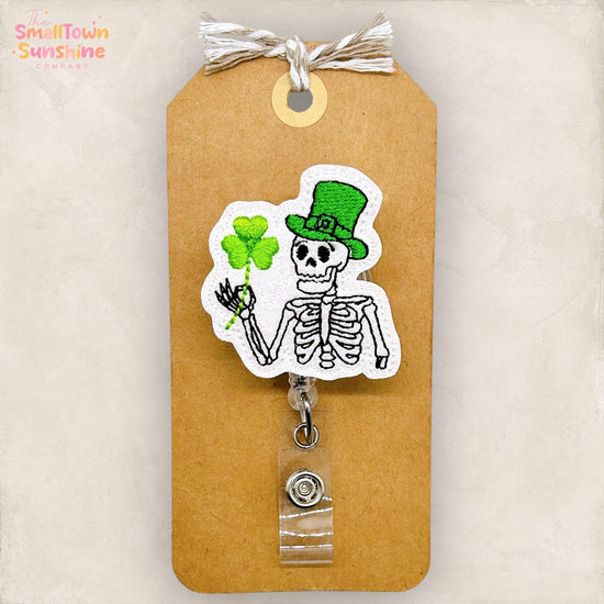 Skeleton Leprechaun Retractable Badge Reel: St Patrick’s ID Holder, Name Tag, Topper, Coworker Gift, MRI Safe, Heavy Duty Option | GLITTER