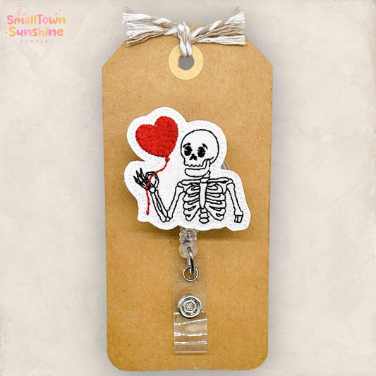 Skeleton Love Balloon Retractable Badge Reel: Valentine ID Holder, Name Tag, Topper, Coworker Gift, MRI Safe, Heavy Duty Option | GLITTER