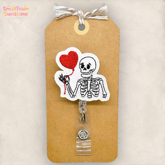 Skeleton Love Balloon Retractable Badge Reel: Valentine ID Holder, Name Tag, Topper, Coworker Gift, MRI Safe, Heavy Duty Option | GLITTER