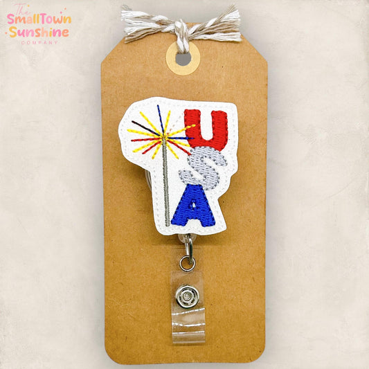 USA Sparkler Retractable Badge Reel: Patriotic Id Holder, Name Tag, Topper, Coworker Gift, Lanyard, MRI Safe, Heavy Duty Option | GLITTER