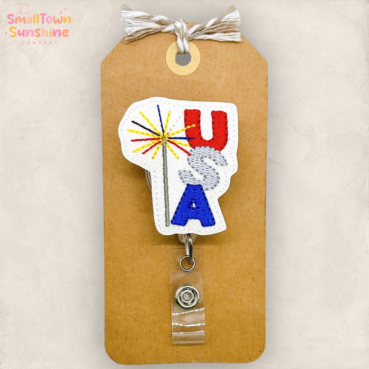 USA Sparkler Retractable Badge Reel: Patriotic Id Holder, Name Tag, Topper, Coworker Gift, Lanyard, MRI Safe, Heavy Duty Option | GLITTER