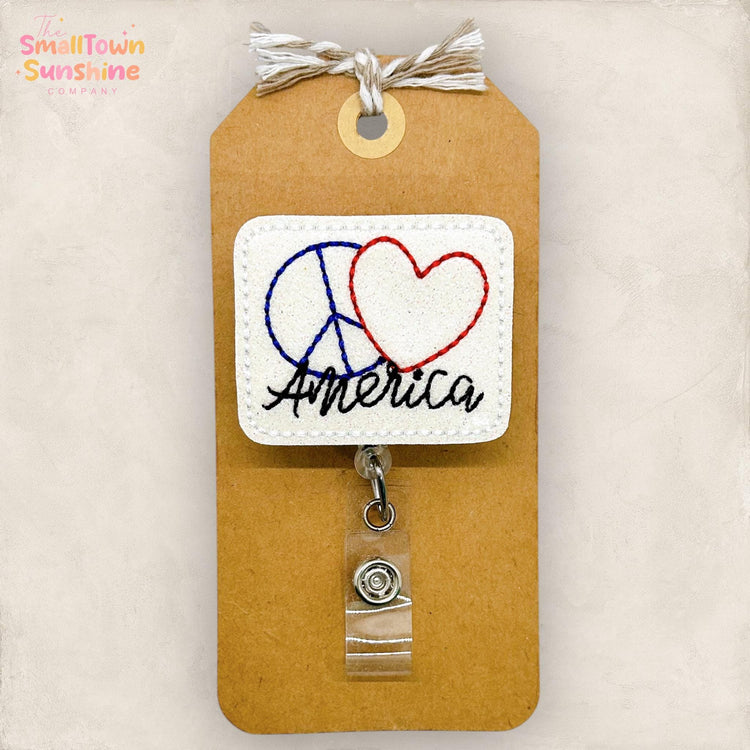 Peace Love America Retractable Badge Reel: Patriotic ID Holder, Name Tag, Topper, Coworker Gift, Lanyard, MRI Safe, Heavy Duty | GLITTER