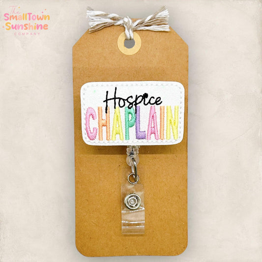 Hospice Chaplain Retractable Badge Reel: ID Holder, Name Tag, Topper, Coworker Gift, Lanyard, MRI Safe, Heavy Duty Options | GLITTER