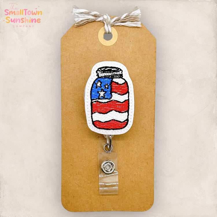 Patriotic Mason Jar Retractable Badge Reel: Americana ID Holder, Name Tag, Topper, Coworker Gift, Lanyard, MRI Safe, Heavy Duty | GLITTER