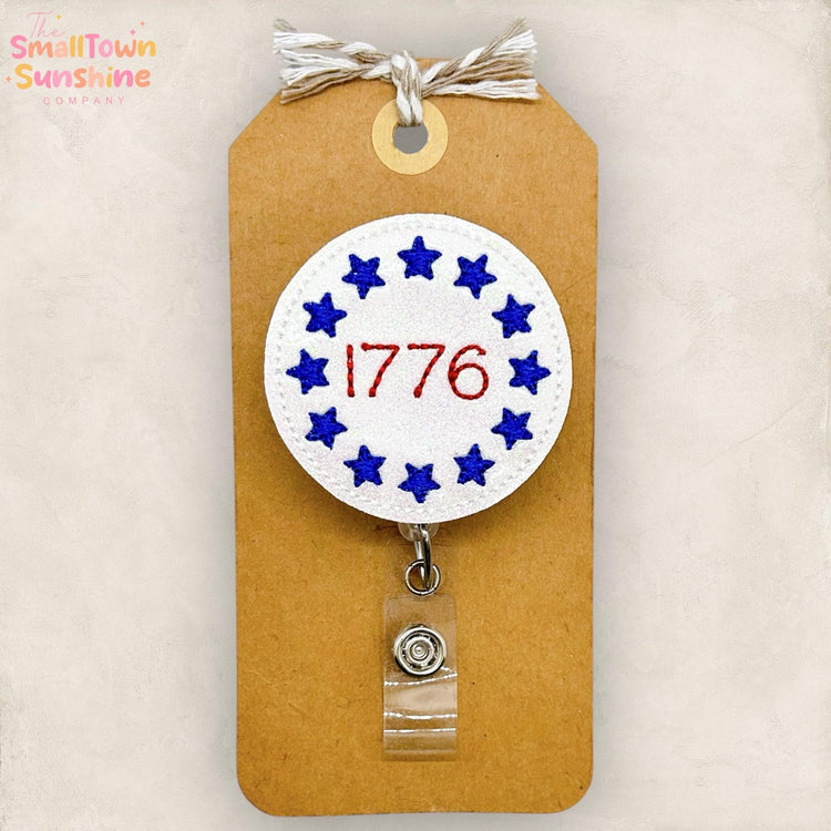 1776 Stars Retractable Badge Reel: Patriotic ID Holder, Name Tag, Swappable Topper, Coworker Gift, Lanyard, MRI Safe, Heavy Duty | GLITTER