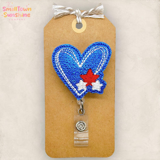 Sketched Heart with Stars Retractable Badge Reel: Patriotic ID Holder, Name Tag, Topper, Coworker Gift, Lanyard, MRI Safe, Heavy Duty Option