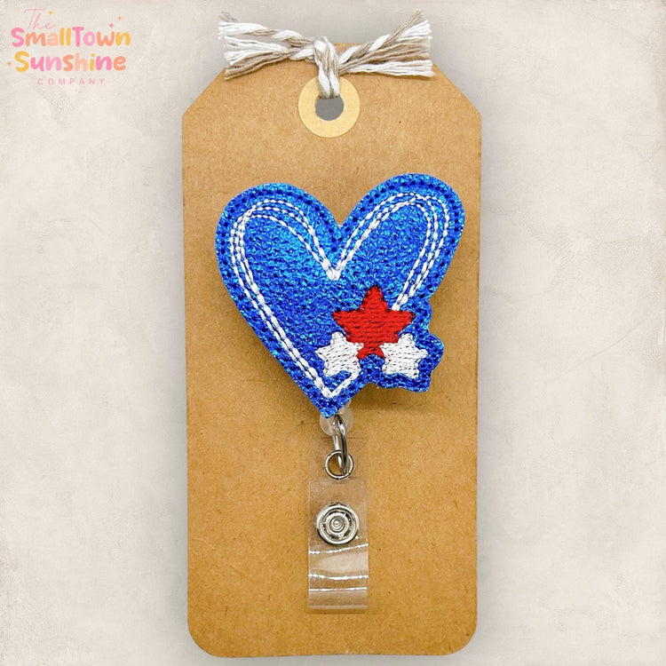 Sketched Heart with Stars Retractable Badge Reel: Patriotic ID Holder, Name Tag, Topper, Coworker Gift, Lanyard, MRI Safe, Heavy Duty Option