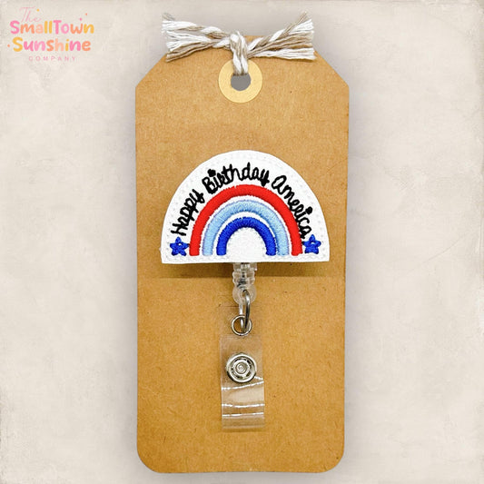 Happy Birthday America Retractable Badge Reel: Patriotic ID Holder, Name Tag, Topper, Coworker Gift, Lanyard, MRI Safe, Heavy Duty | GLITTER
