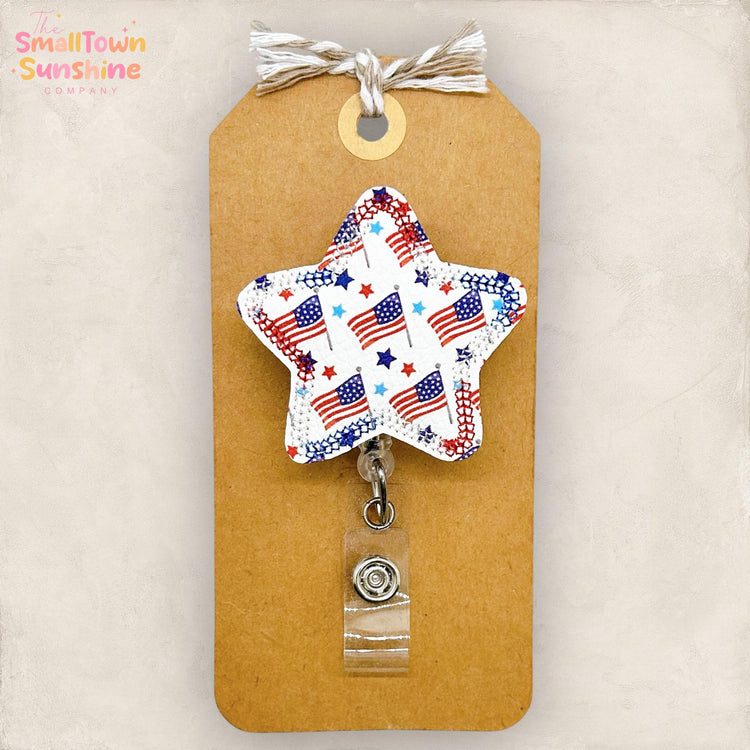 American Flag Star Retractable Badge Reel: Patriotic ID Holder, Name Tag, Topper, Coworker Gift, Lanyard, MRI Safe, Heavy Duty Options