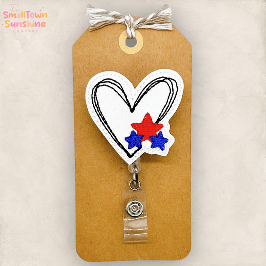 Sketched Heart with Stars Retractable Badge Reel: Patriotic ID Holder, Name Tag, Topper, Coworker Gift, Lanyard, MRI Safe, Heavy Duty Option