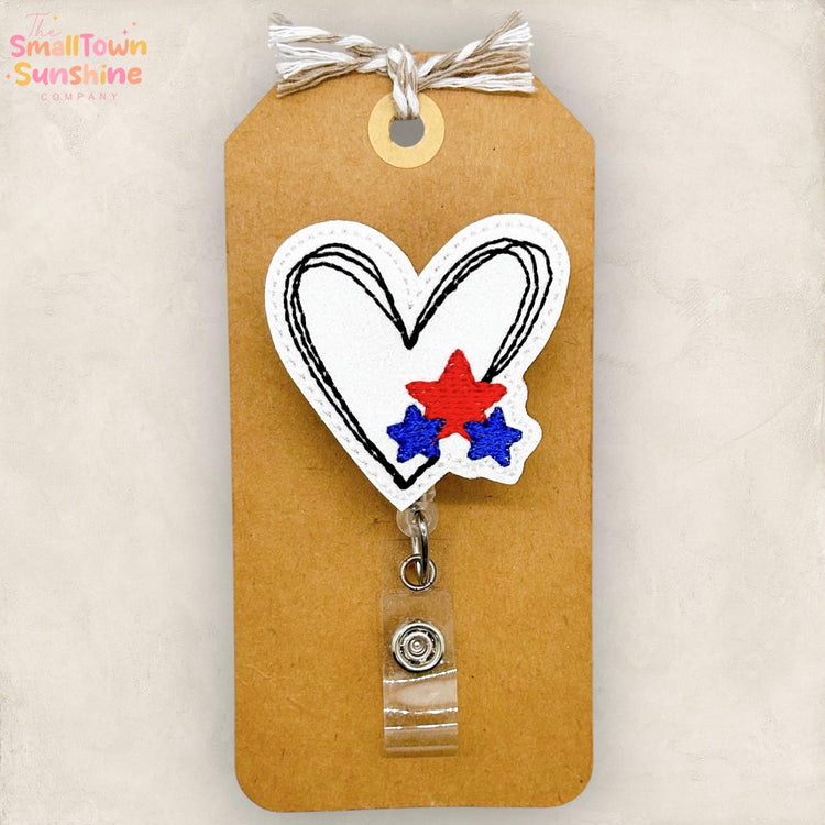 Sketched Heart with Stars Retractable Badge Reel: Patriotic ID Holder, Name Tag, Topper, Coworker Gift, Lanyard, MRI Safe, Heavy Duty Option