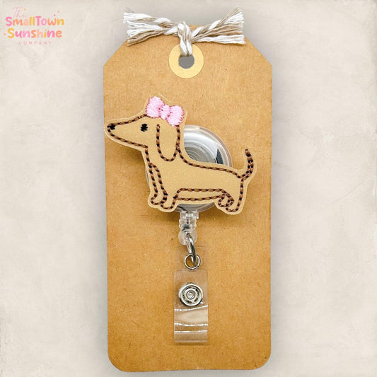 Dachshund with Bow Retractable Badge Topper: Weenie Dog ID Holder