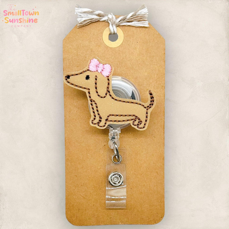 Dachshund with Bow Retractable Badge Topper: Weenie Dog ID Holder