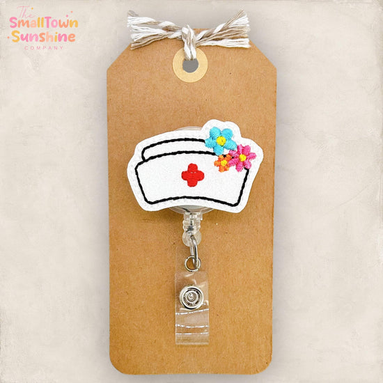 Nurse Hat with Flowers Retractable Badge Reel: Spring ID Holder, Name Tag, Topper, Coworker Gift, Lanyard, MRI Safe, Heavy Duty | GLITTER