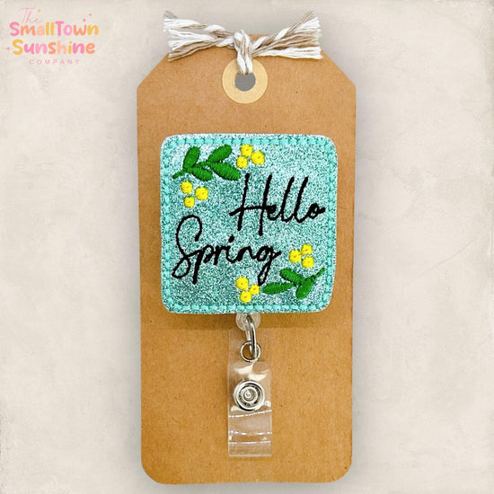 Hello Spring Retractable Badge Reel: Springtime ID Holder, Name Tag, Topper, Coworker Gift, Lanyard, MRI Safe, Heavy Duty Options | GLITTER