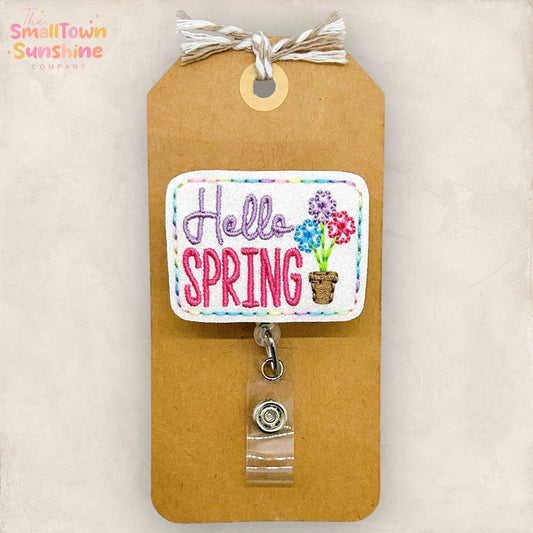 Hello Spring Retractable Badge Reel: Springtime ID Holder, Name Tag, Topper, Coworker Gift, Lanyard, MRI Safe, Heavy Duty Options | GLITTER