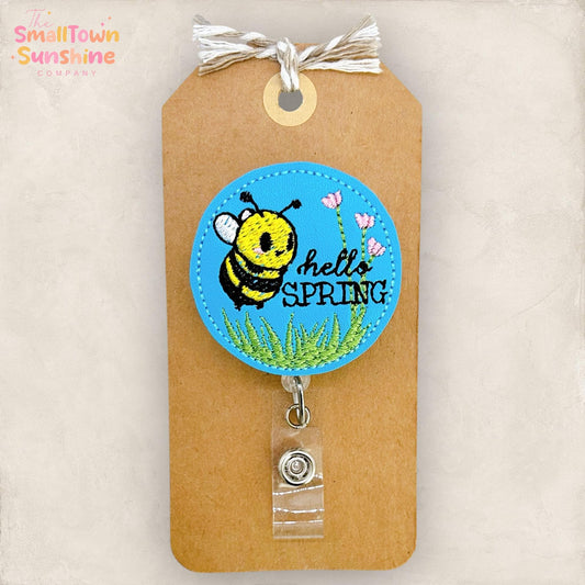 Hello Spring Retractable Badge Reel: Bumblebee ID Holder, Name Tag, Swappable Topper, Coworker Gift, Lanyard, MRI Safe, Heavy Duty Options