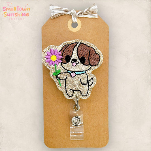 Puppy Dog Flower Retractable Badge Reel: Spring ID Holder, Name Tag, Topper, Coworker Gift, Lanyard, MRI Safe, Heavy Duty Options | GLITTER