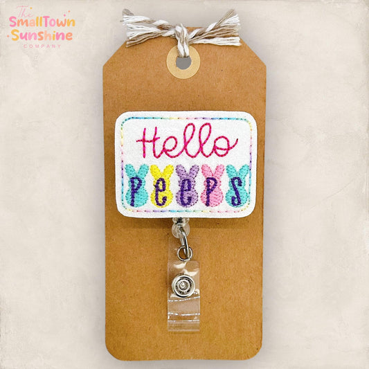Hello Peeps Retractable Badge Reel: Easter ID Holder, Name Tag, Topper, Coworker Gift, Lanyard, MRI Safe, Heavy Duty Options | GLITTER