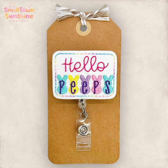 Hello Peeps Retractable Badge Reel: Easter ID Holder, Name Tag, Topper, Coworker Gift, Lanyard, MRI Safe, Heavy Duty Options | GLITTER