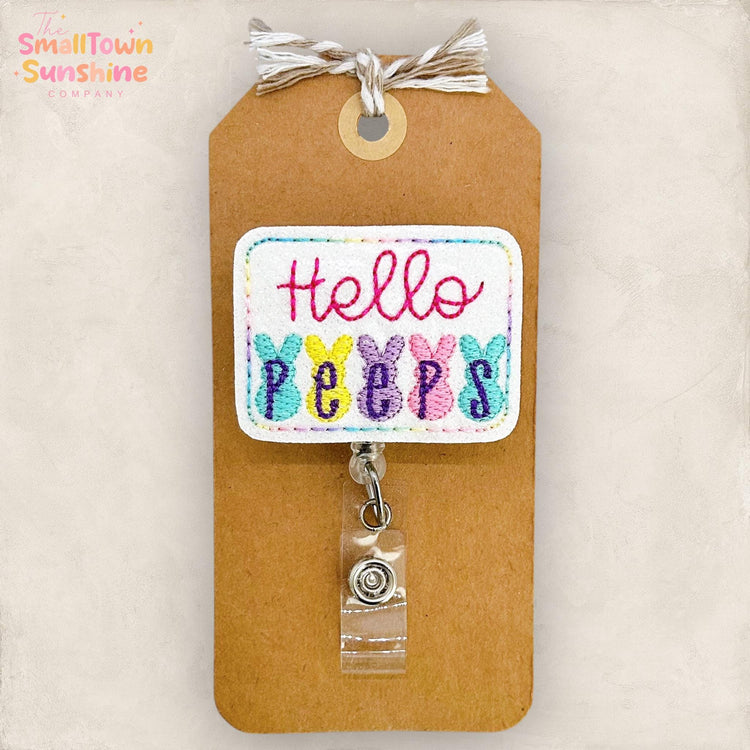 Hello Peeps Retractable Badge Reel: Easter ID Holder, Name Tag, Topper, Coworker Gift, Lanyard, MRI Safe, Heavy Duty Options | GLITTER