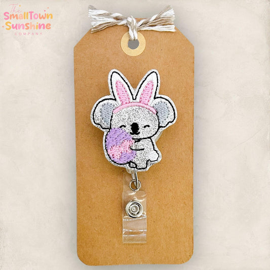 Koala Bunny Retractable Badge Reel: Easter ID Holder, Name Tag, Swappable Topper, Coworker Gift, Lanyard, MRI Safe, Heavy Duty | GLITTER