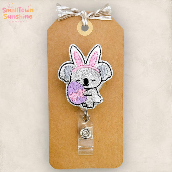 Koala Bunny Retractable Badge Reel: Easter ID Holder, Name Tag, Swappable Topper, Coworker Gift, Lanyard, MRI Safe, Heavy Duty | GLITTER