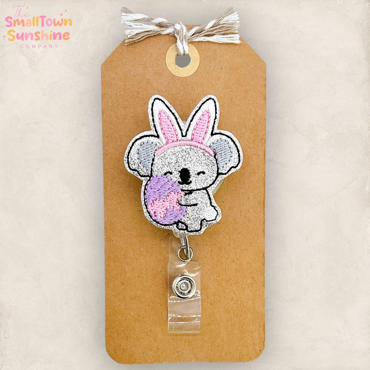 Koala Bunny Retractable Badge Reel: Easter ID Holder, Name Tag, Swappable Topper, Coworker Gift, Lanyard, MRI Safe, Heavy Duty | GLITTER