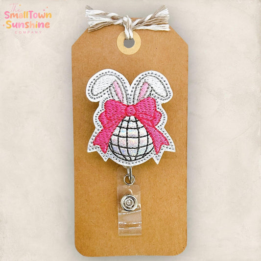 Disco Ball Bunny Retractable Badge Reel: Easter ID Holder, Name Tag, Topper, Coworker Gift, Lanyard, MRI Safe, Heavy Duty Options