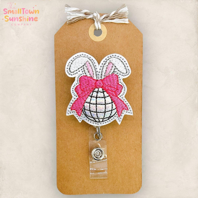 Disco Ball Bunny Retractable Badge Reel: Easter ID Holder, Name Tag, Topper, Coworker Gift, Lanyard, MRI Safe, Heavy Duty Options