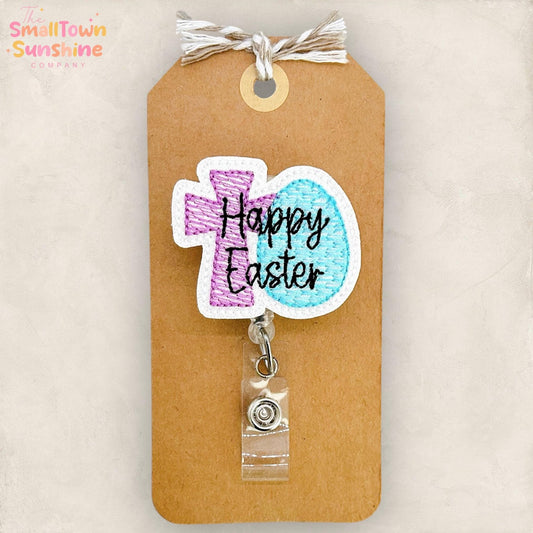 Cross & Egg Retractable Badge Reel: Happy Easter ID Holder, Name Tag, Topper, Coworker Gift, Lanyard, MRI Safe, Heavy Duty Option | GLITTER