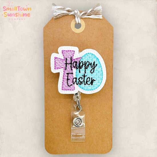 Cross & Egg Retractable Badge Reel: Happy Easter ID Holder, Name Tag, Topper, Coworker Gift, Lanyard, MRI Safe, Heavy Duty Option | GLITTER