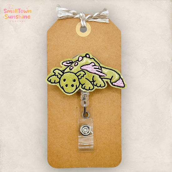 Olive Dragon Retractable Badge Reel: Animal ID Holder, Name Tag, Swappable Topper, Coworker Gift, Lanyard, MRI Safe, Heavy Duty | GLITTER