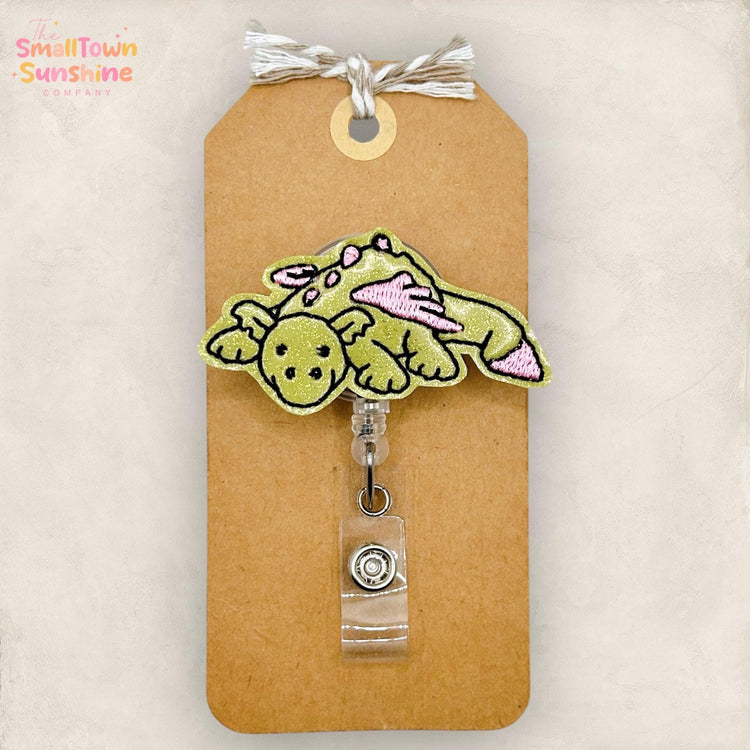 Olive Dragon Retractable Badge Reel: Animal ID Holder, Name Tag, Swappable Topper, Coworker Gift, Lanyard, MRI Safe, Heavy Duty | GLITTER