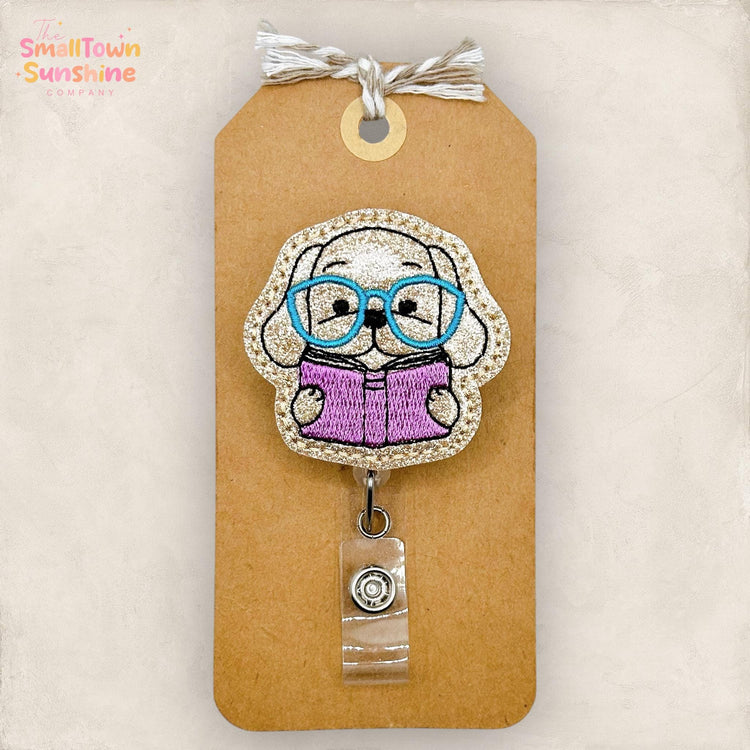Dog Reading Book Retractable Badge Reel: Bookish Animal ID Holder, Name Tag, Topper, Coworker Gift, Lanyard, MRI Safe, Heavy Duty | GLITTER