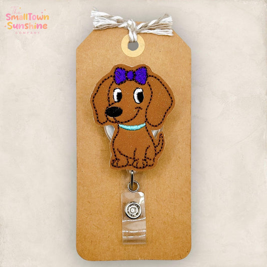 Girl Dachshund Retractable Badge Reel: Weenie Dog ID Holder, Name Tag, Swappable Topper, Coworker Gift, Lanyard, MRI Safe, Heavy Duty Option