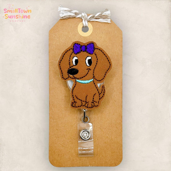 Girl Dachshund Retractable Badge Reel: Weenie Dog ID Holder, Name Tag, Swappable Topper, Coworker Gift, Lanyard, MRI Safe, Heavy Duty Option