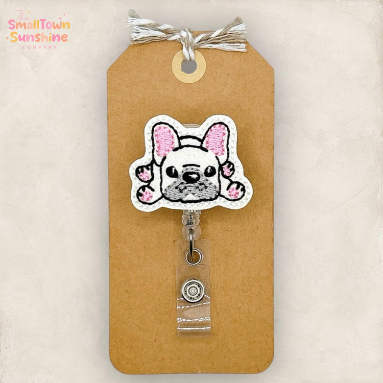 French Bulldog Retractable Badge Reel: White Frenchie ID Holder, Name Tag, Topper, Coworker Gift, Lanyard, MRI Safe, Heavy Duty | GLITTER