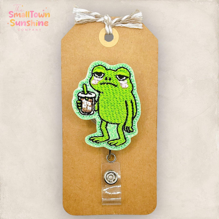 Tired Frog Retractable Badge Reel: Iced Coffee ID Holder, Name Tag, Topper, Coworker Gift, MRI Safe, Heavy Duty Options | GLITTER